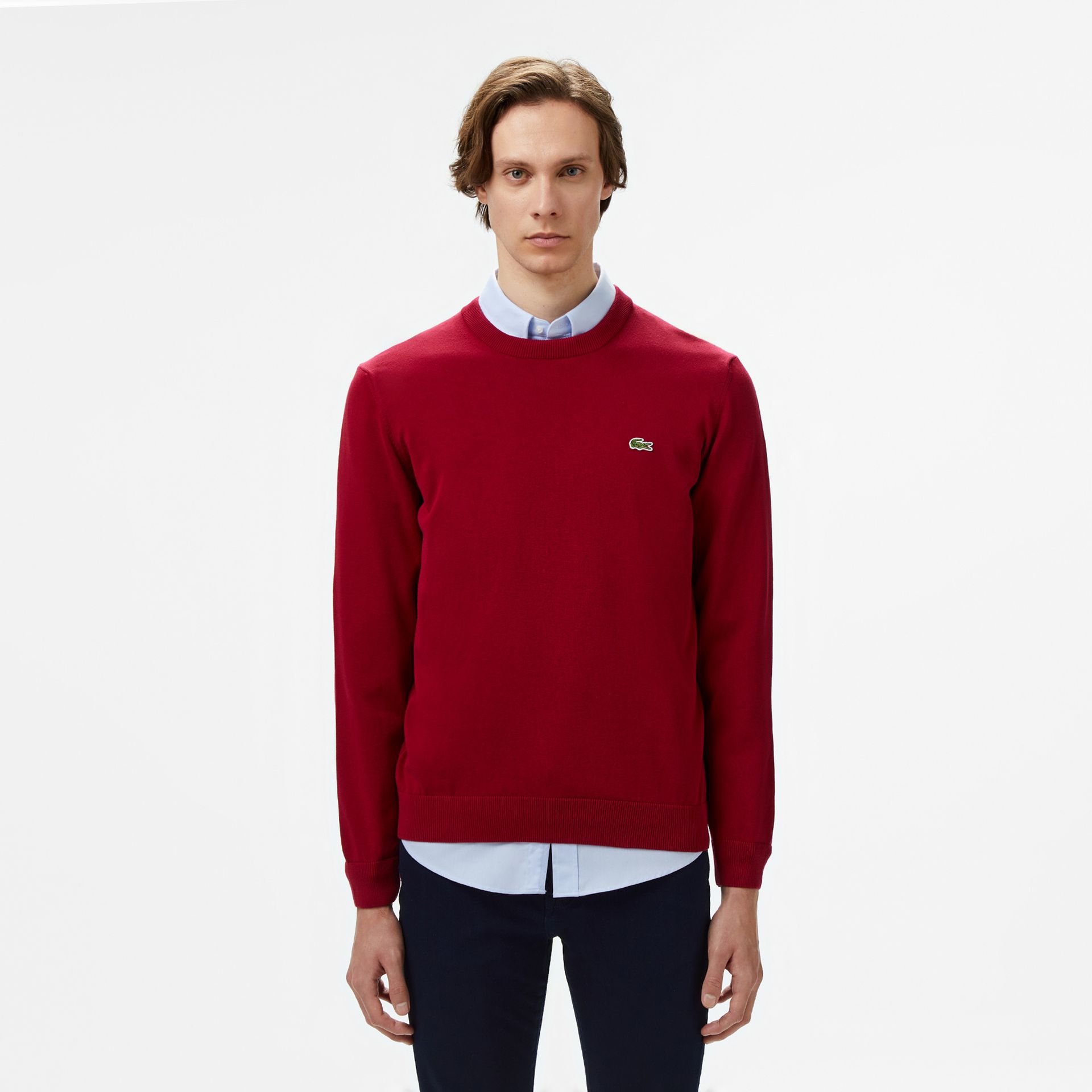 Lacoste Jednokolorowy Bawełniany Sweter Z Okrągłym Dekoltem Bordowy Męskie Bordowy