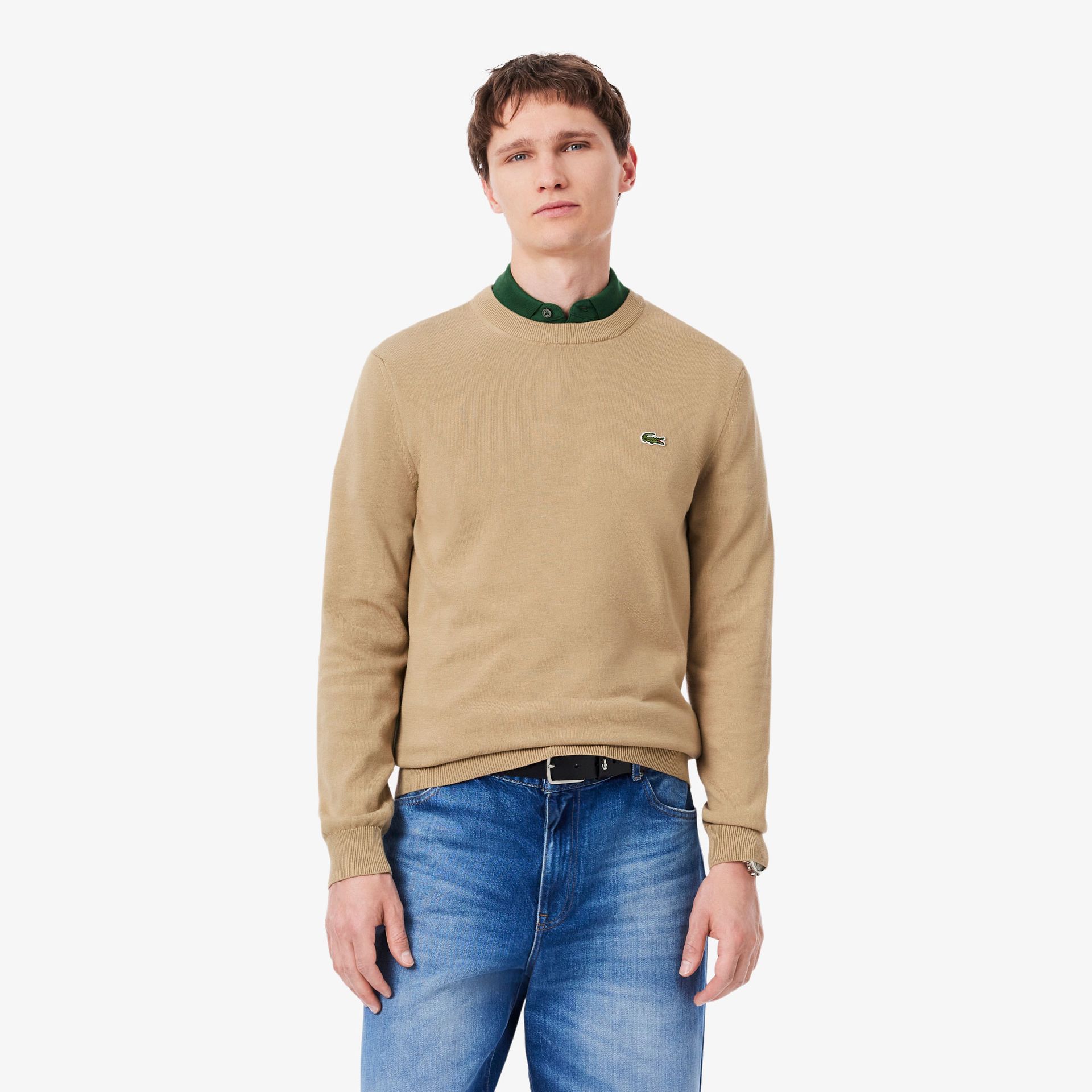 Lacoste Jednokolorowy Bawełniany Sweter Z Okrągłym Dekoltem Brązowy Męskie Beżowy