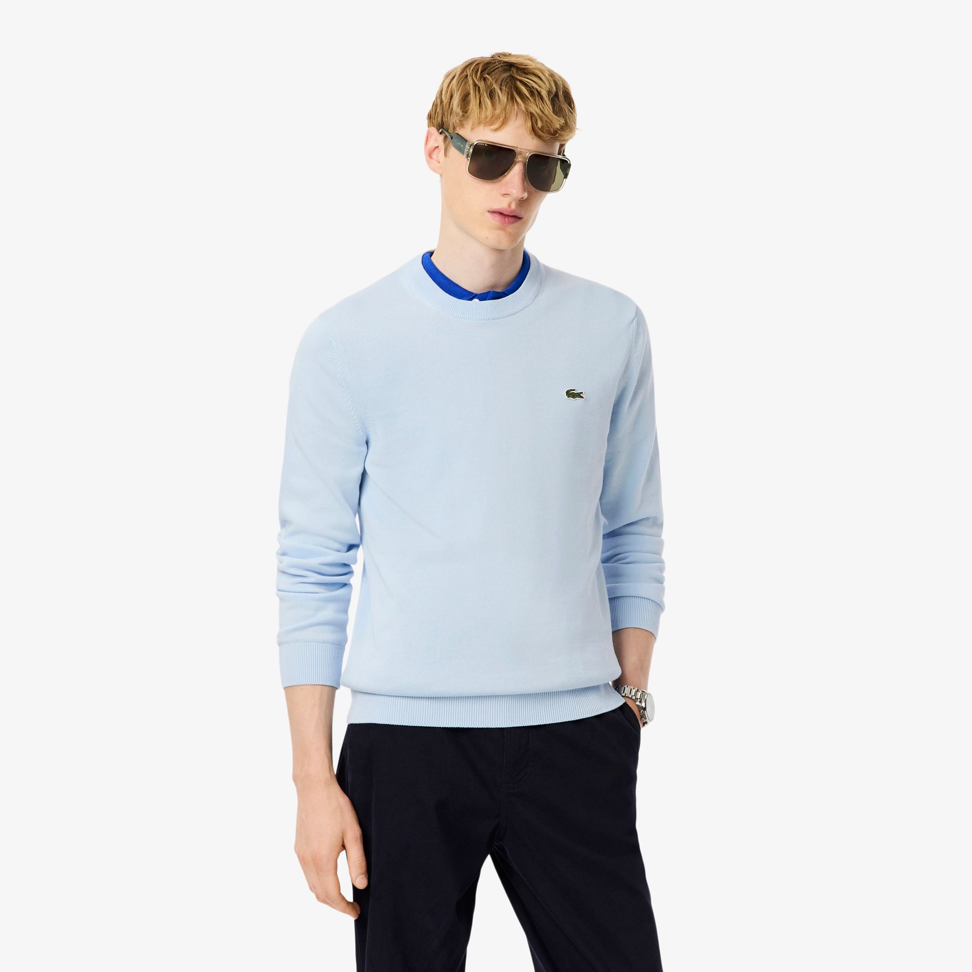 Lacoste Jednokolorowy Bawełniany Sweter Z Okrągłym Dekoltem Niebieski Męskie Niebieski