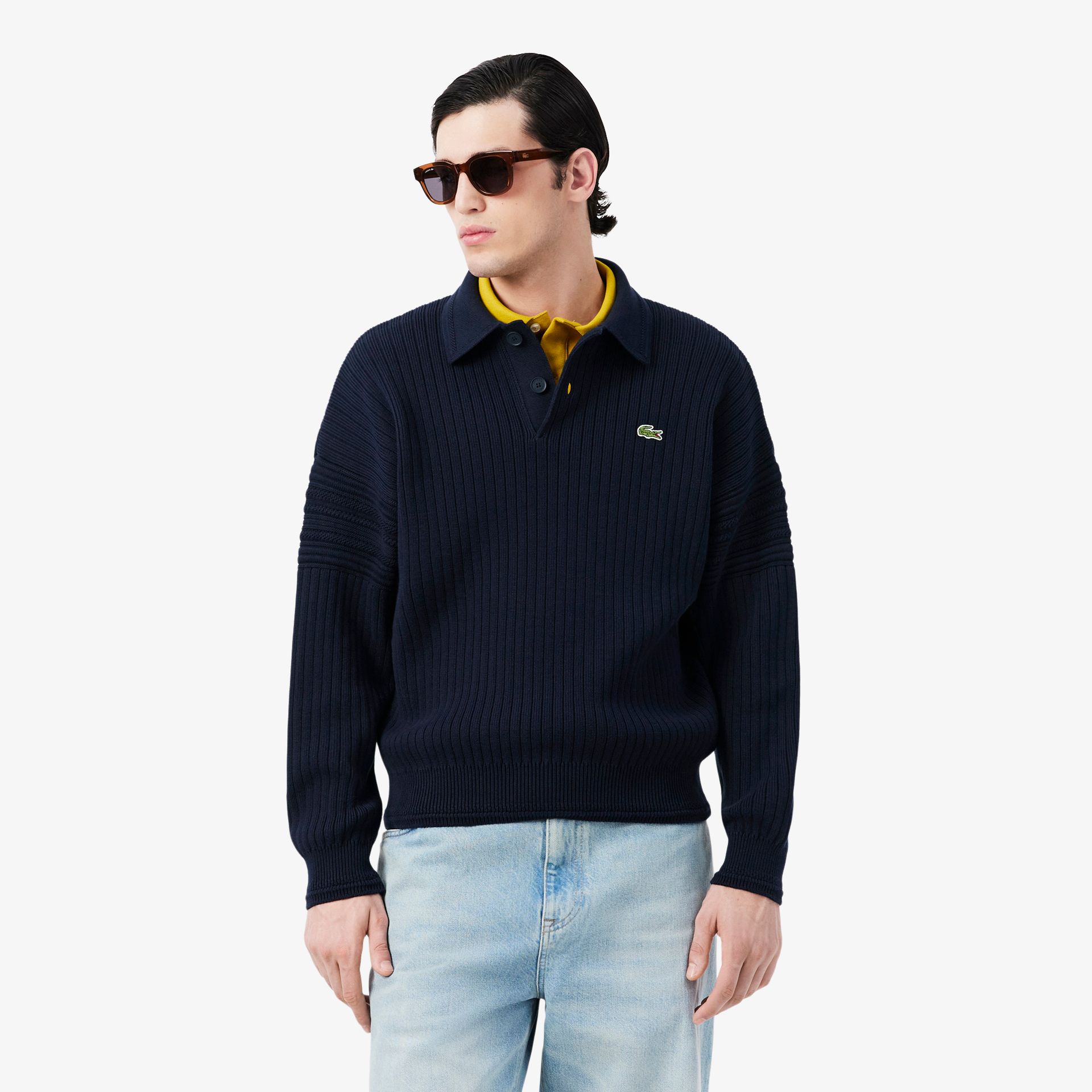 Lacoste Sweter Bawełniany Z Kołnierzykiem Polo I Wykonany We Francji Granatowy Męskie Granatowy