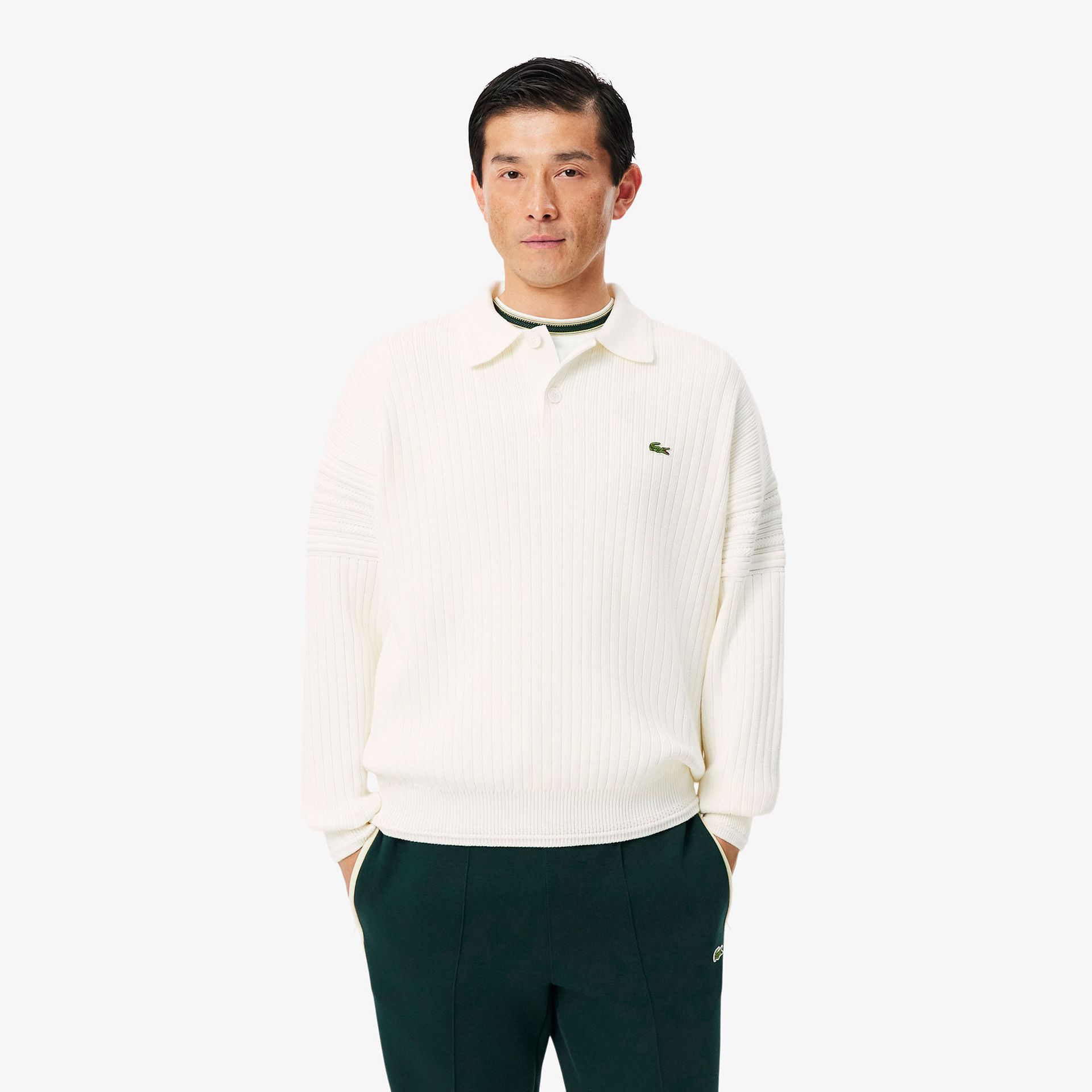 Lacoste Sweter Bawełniany Z Kołnierzykiem Polo I Wykonany We Francji Kremowy Męskie Biały