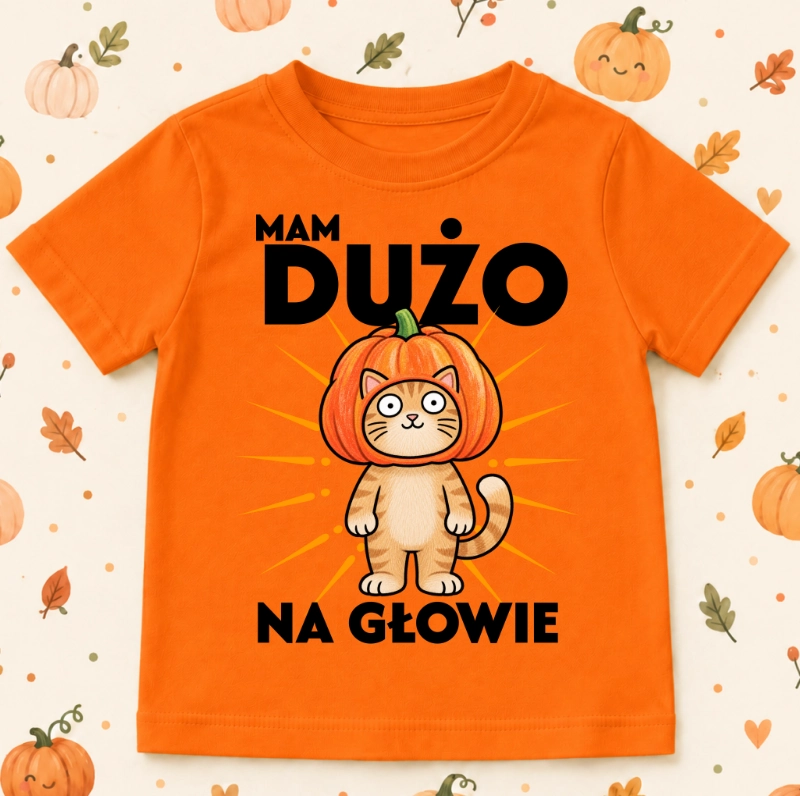 Pomarańczowa Koszulka na Dzień Dyni ''MAM DUŻO NA GLOWIE'' KOT DYNIA