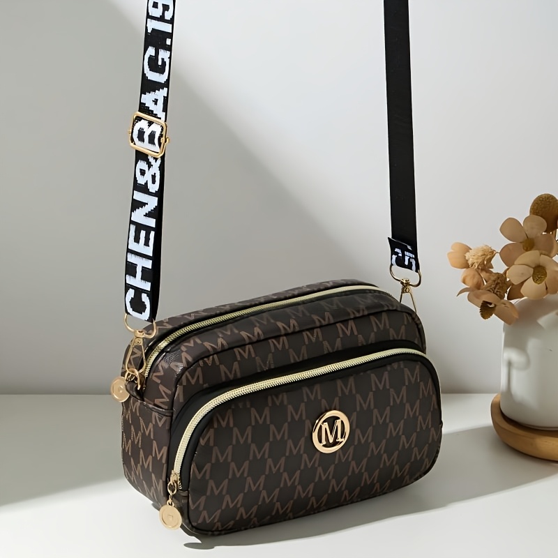 TEMU Retro Torba w Kształcie Małego Kwadratu z Nadrukiem Litery M, Damska Torba Crossbody z Szerokimi Ramiączkami, Lekka Torba na Aparat z Podwójnym