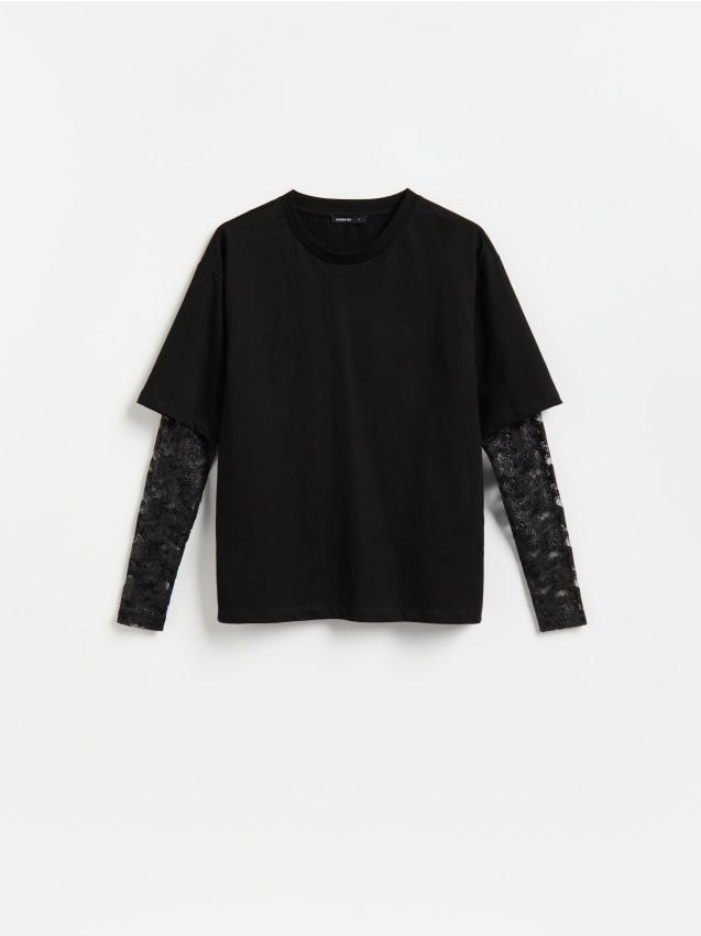 Reserved - Longsleeve oversize z koronką - czarny