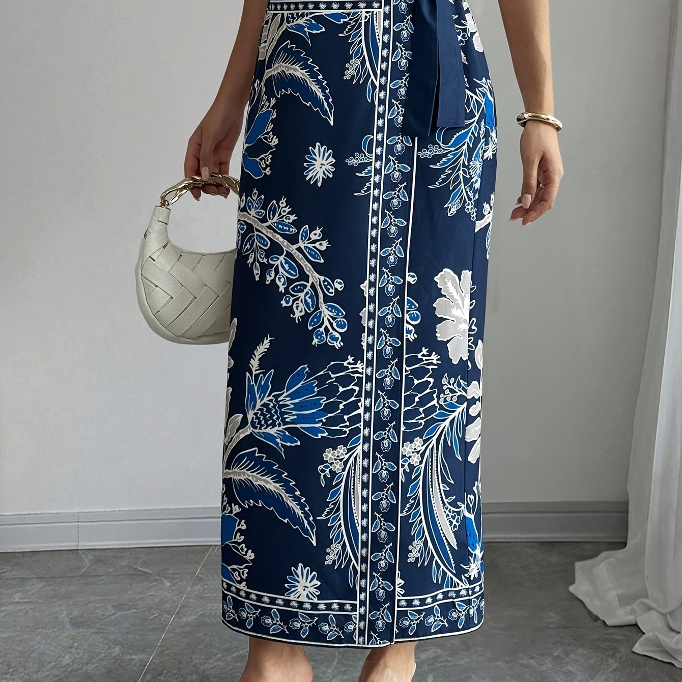 TEMU Elegancka Spódnica Prosta z Kwiatowym Nadrukiem i Wiązaniem, Styl Wakacyjny dla Kobiet