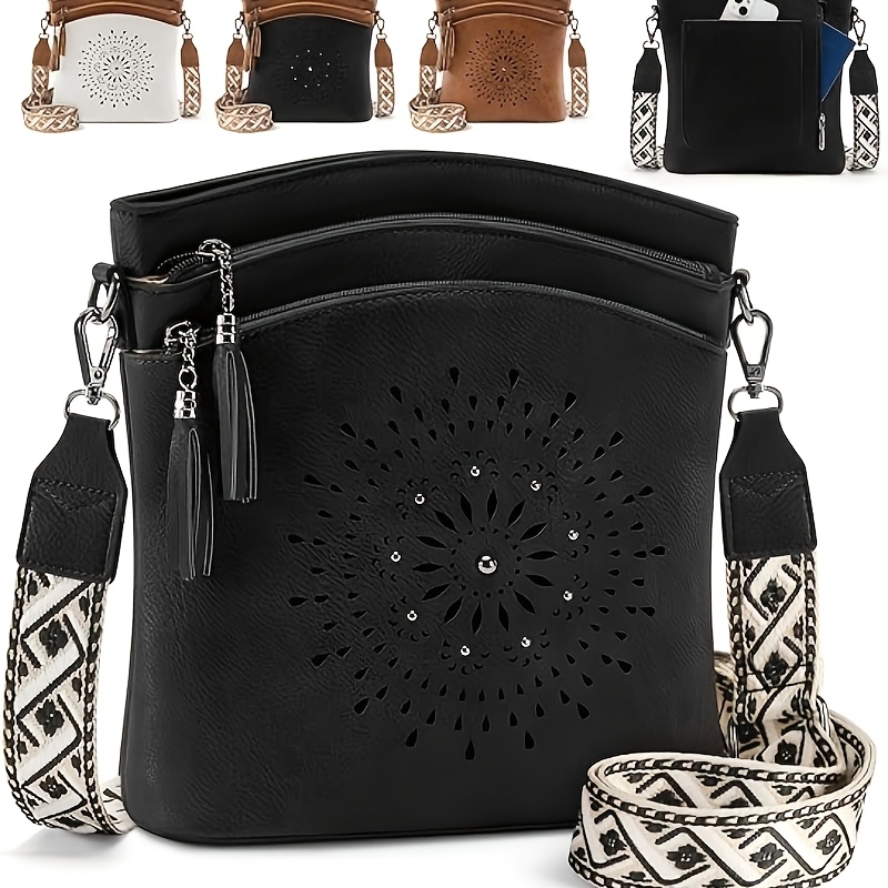 TEMU Torba crossbody w stylu bohemy, średniej wielkości, z pustym, rzeźbionym wzorem i etnicznym szerokim paskiem na ramię, do codziennego zakupów i