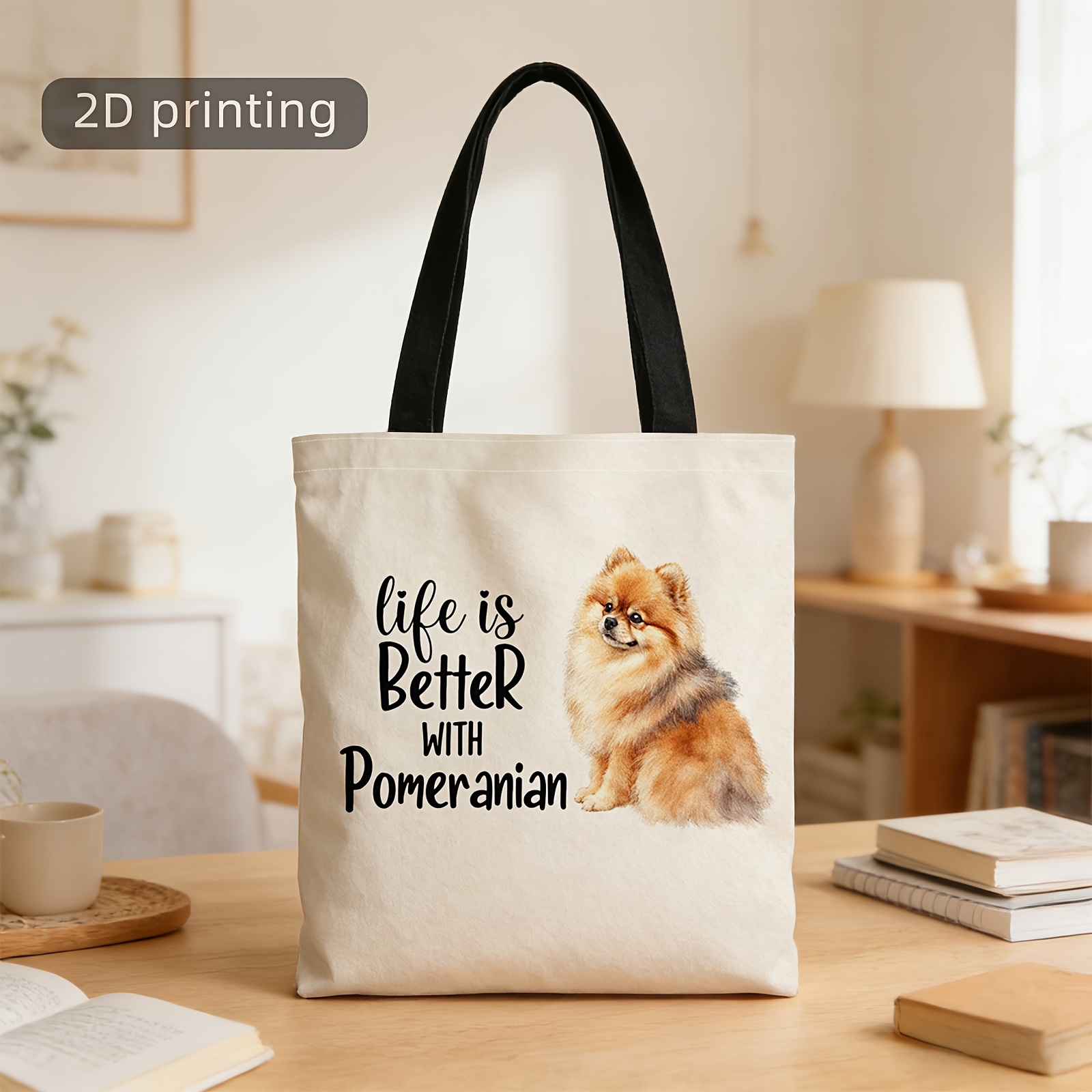 TEMU 1 szt. Torba z nadrukiem 2D, Życie, Lepsze, Pomorski szpic, Pies, Tekst, Wielokrotnego użytku, Stylowa torba na ramię, Torba tote, Torba na