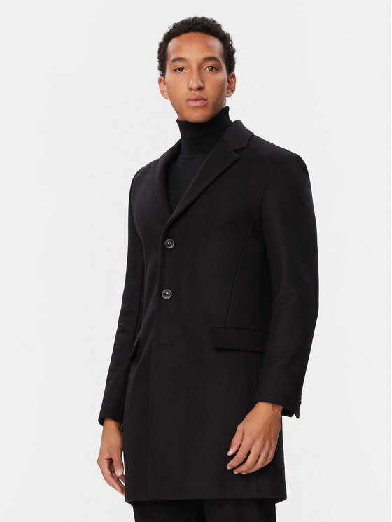 HUGO Płaszcz wełniany 50569210 Czarny Slim Fit