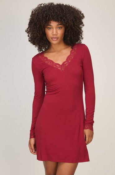 Hunkemöller Koszula nocna z długim rękawem Jersey Lace Nana Czerwony