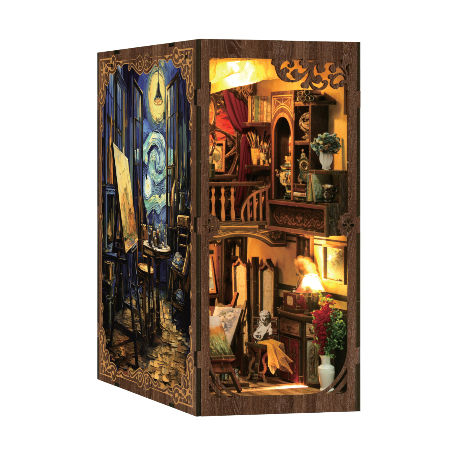 Zestaw DIY Book Nook dla dorosłych Artystyczna Pracownia Domek miniaturowy z LED 344 elementy Diorama na regał 23 x 18 x 11 cm Lubiwood