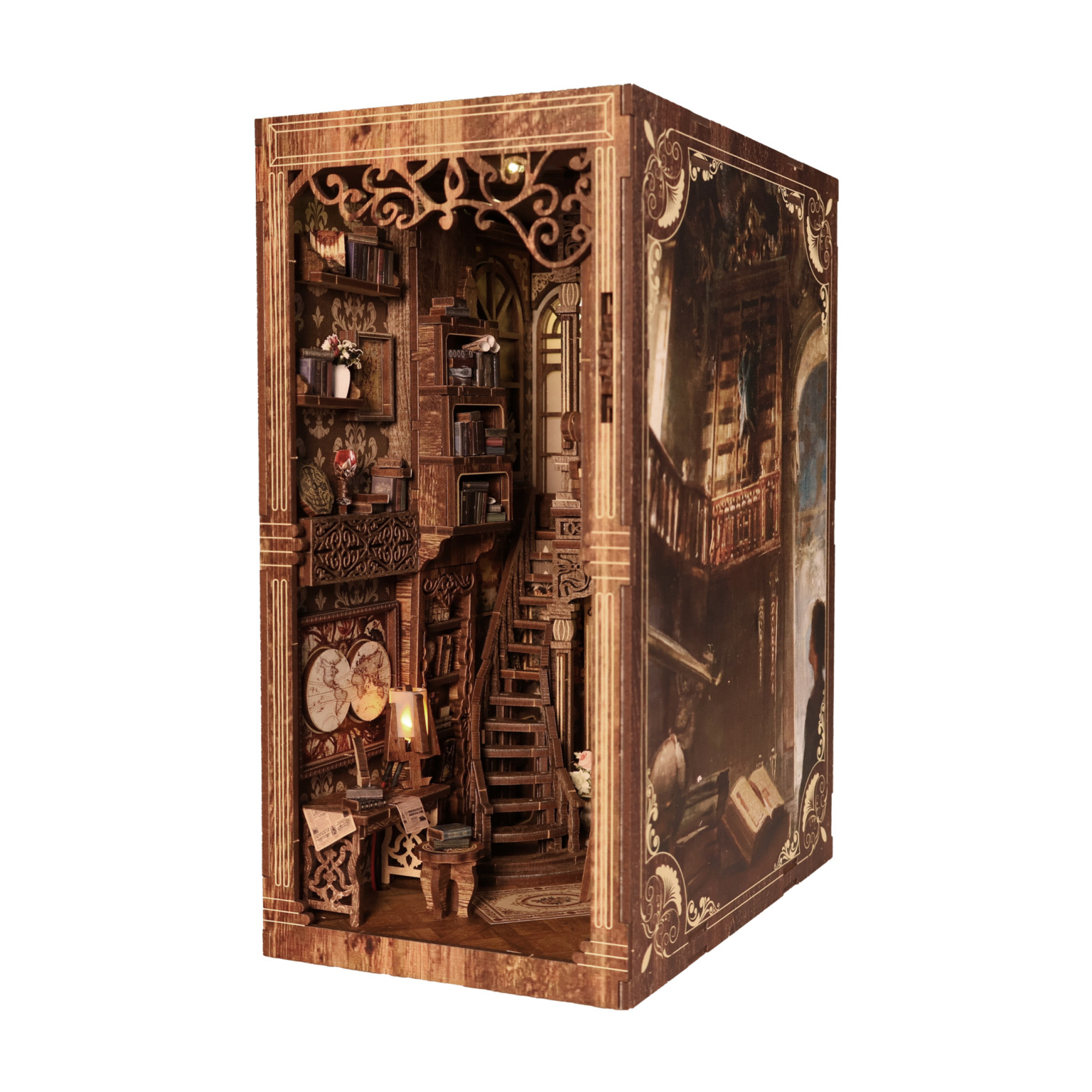 Zestaw DIY Book Nook dla dorosłych Przytulna Czytelnia Domek miniaturowy z LED 441 element Diorama na regał 23 x 18 x 11 cm Lubiwood