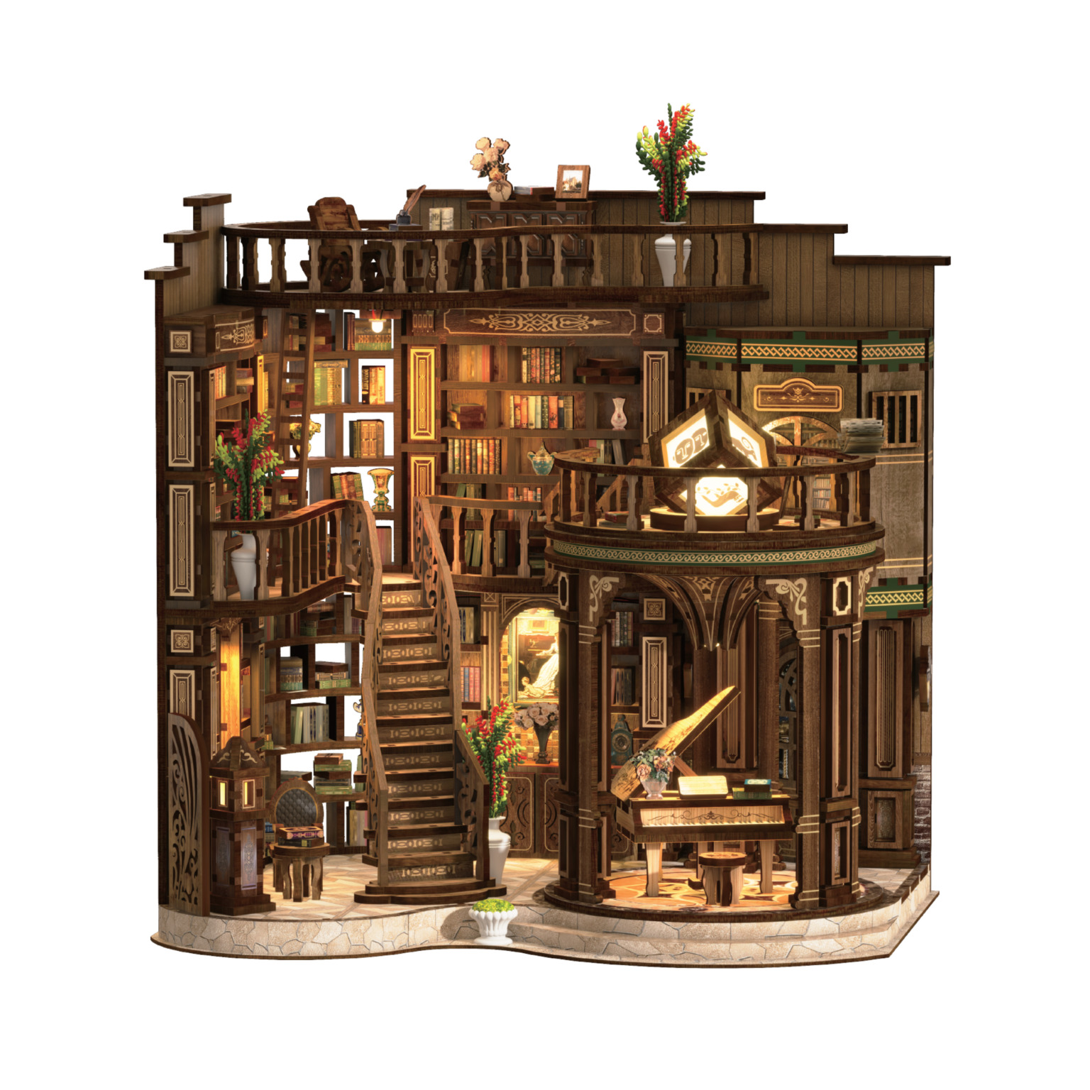 Zestaw DIY Book Nook dla dorosłych Majestatyczny Balkon Domek miniaturowy z LED 888 elementów Diorama na regał 23 x 23 x 17 cm Lubiwood