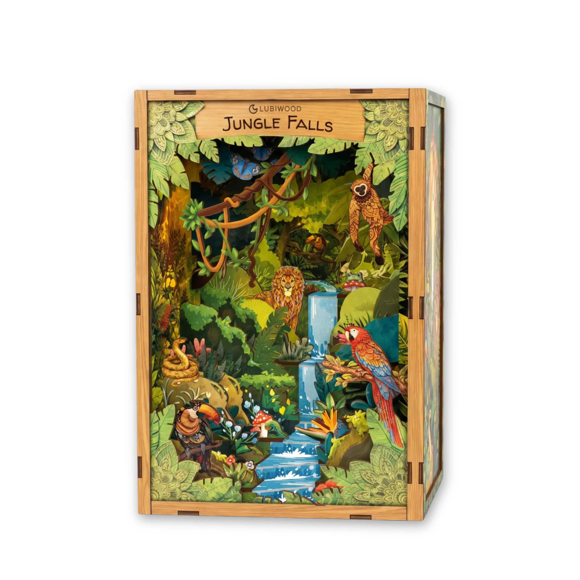 Zestaw DIY Book Nook dla dorosłych Wodospady Dżungli Miniaturowa diorama z LED 99 elementów Diorama na regał 23 x 16 x 12 cm Lubiwood