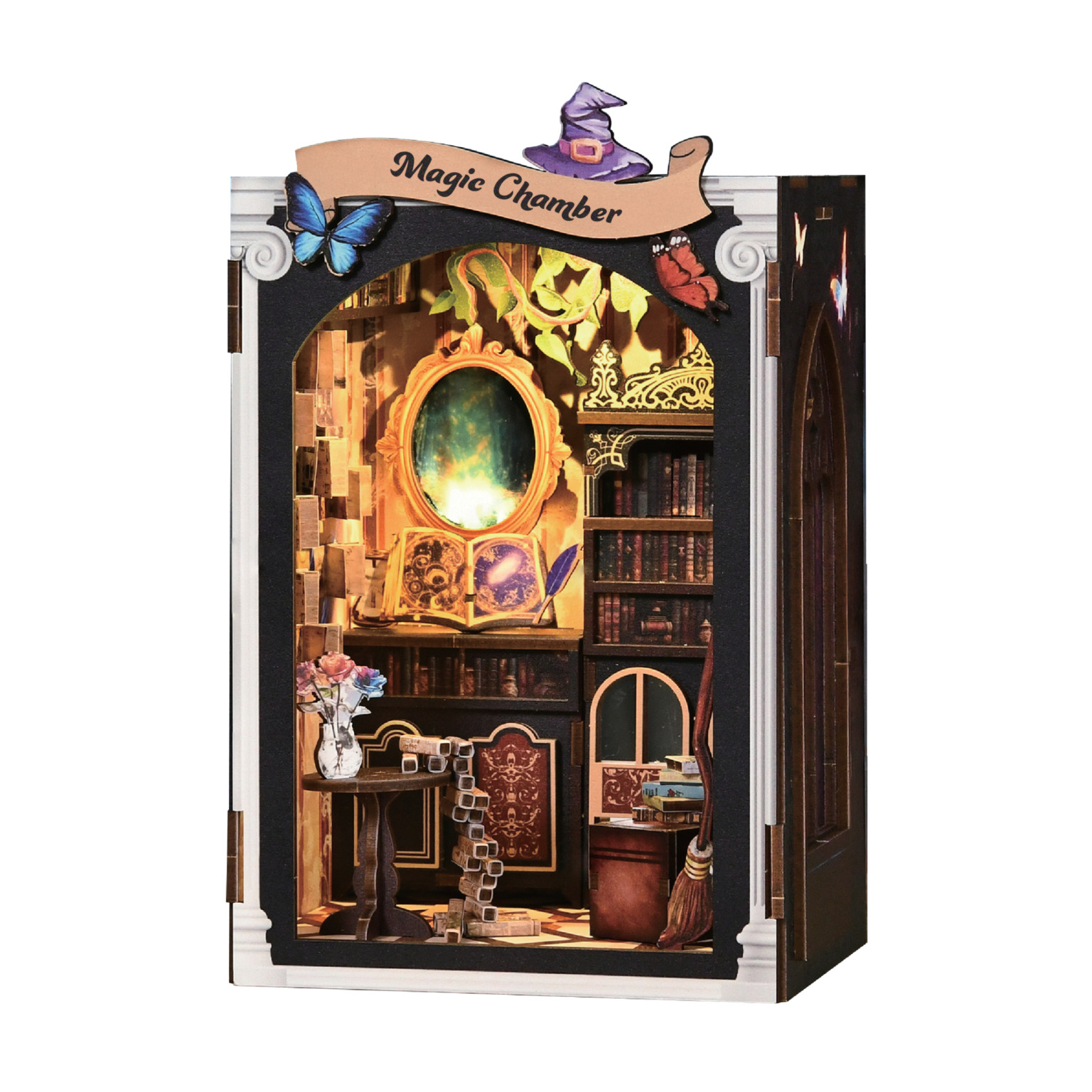 Zestaw DIY Book Nook dla dorosłych Magiczny Pokój Domek miniaturowy z LED 133 elementy Diorama na regał 17,5 x 12 x 10,5 cm Lubiwood