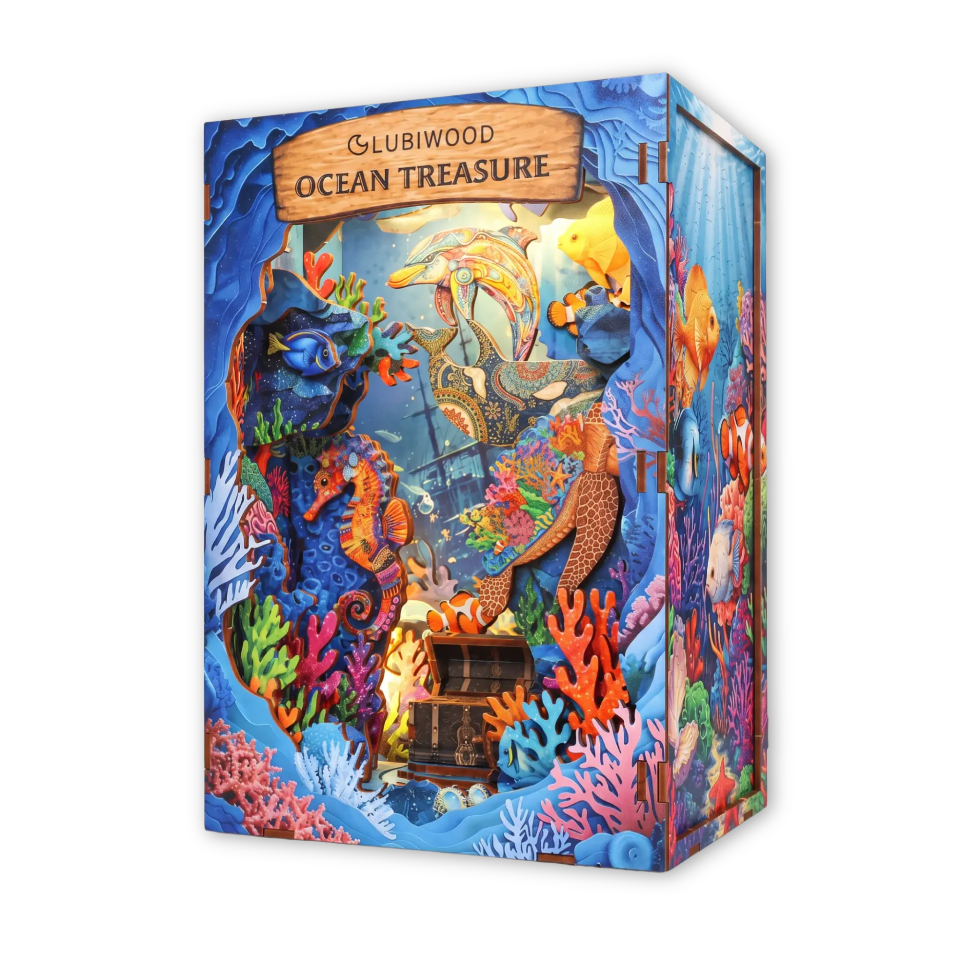 Zestaw DIY Book Nook dla dorosłych Skarb Oceanu Miniaturowa diorama z LED 77 elementów Diorama na regał 23 x 16 x 12 cm Lubiwood