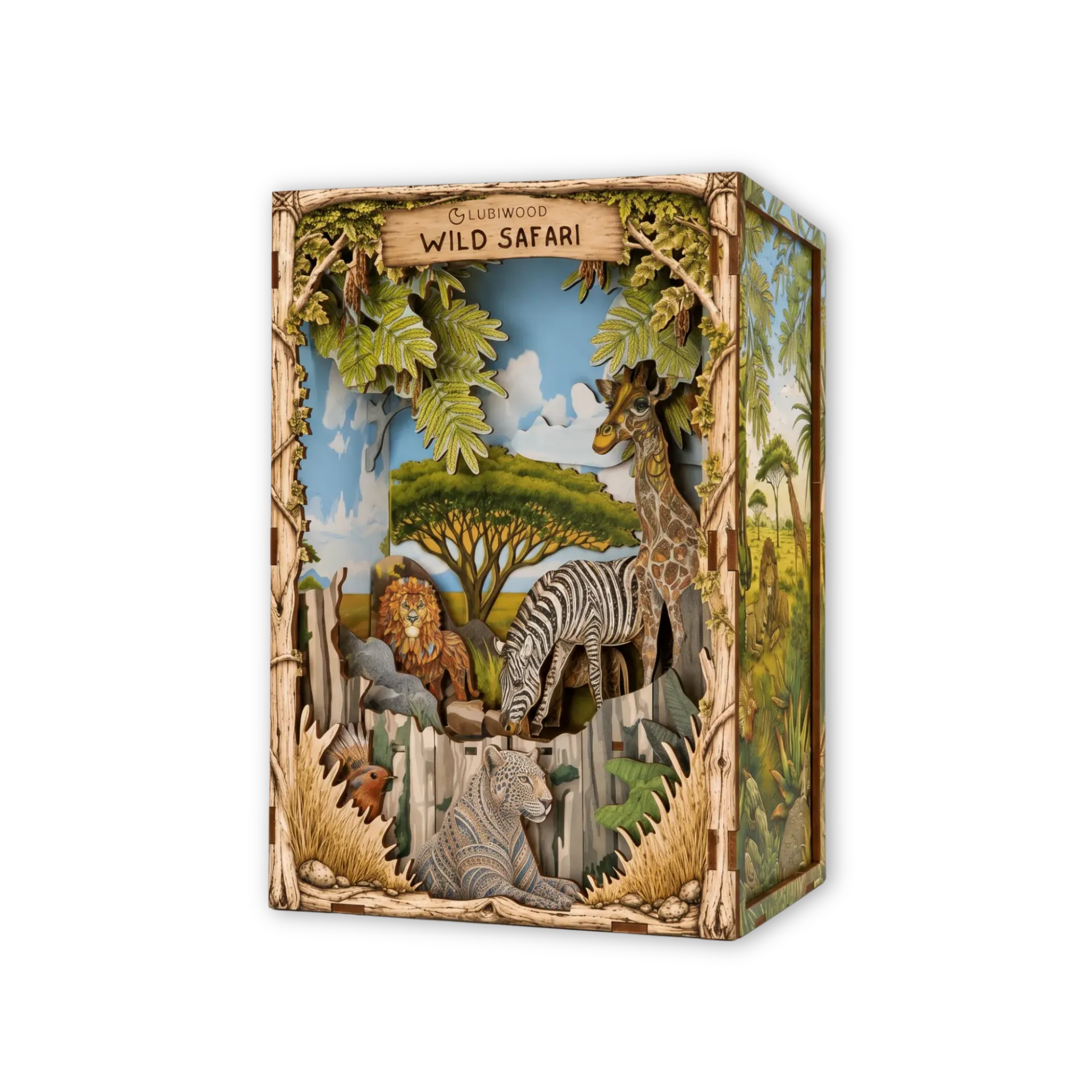 Zestaw DIY Book Nook dla dorosłych Dzikie Safari Miniaturowa diorama z LED 53 elementy Diorama na regał 23 x 16 x 12 cm Lubiwood