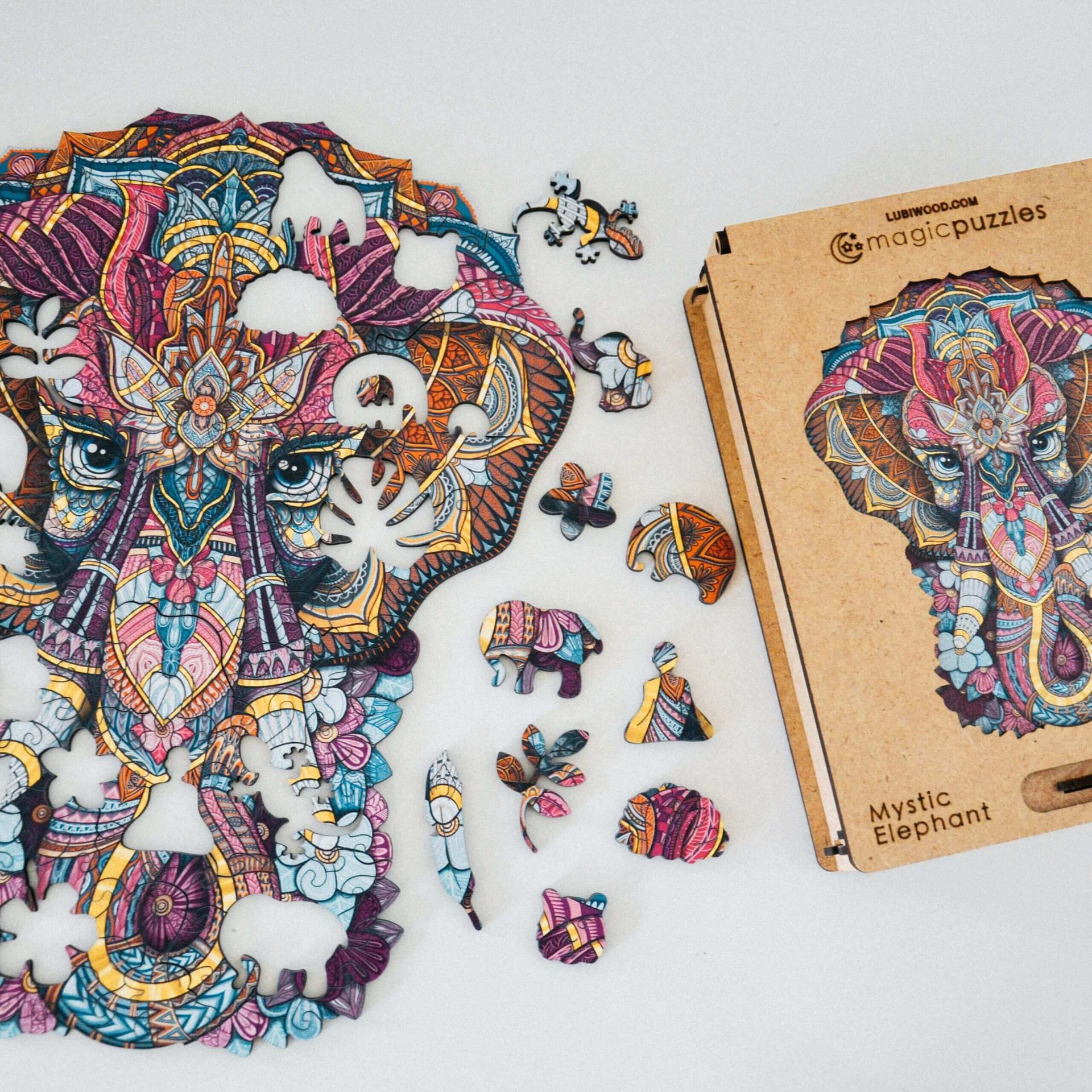 Drewniane puzzle Lubiwood Mistyczny Słoń dla dorosłych, unikalne elementy w kształtach zwierząt, premium, wycinane laserowo, oryginalny projekt
