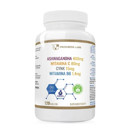 Progress Labs Ashwagandha 400 mg Witamina C 80 mg Cynk 15 mg Witamina B6 1,4 mg, 120 tabl.