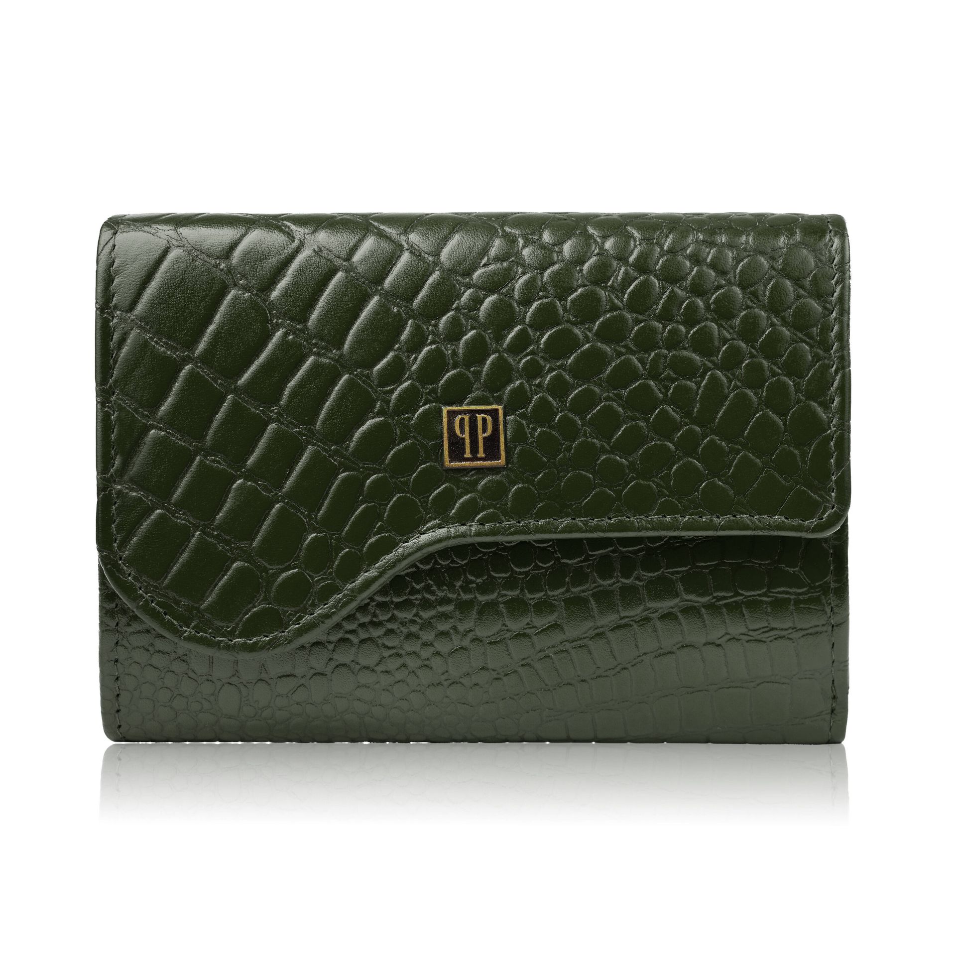 Portfel damski skórzany mały ciemnozielony croco w orientacji poziomej z RFID T-135-GR