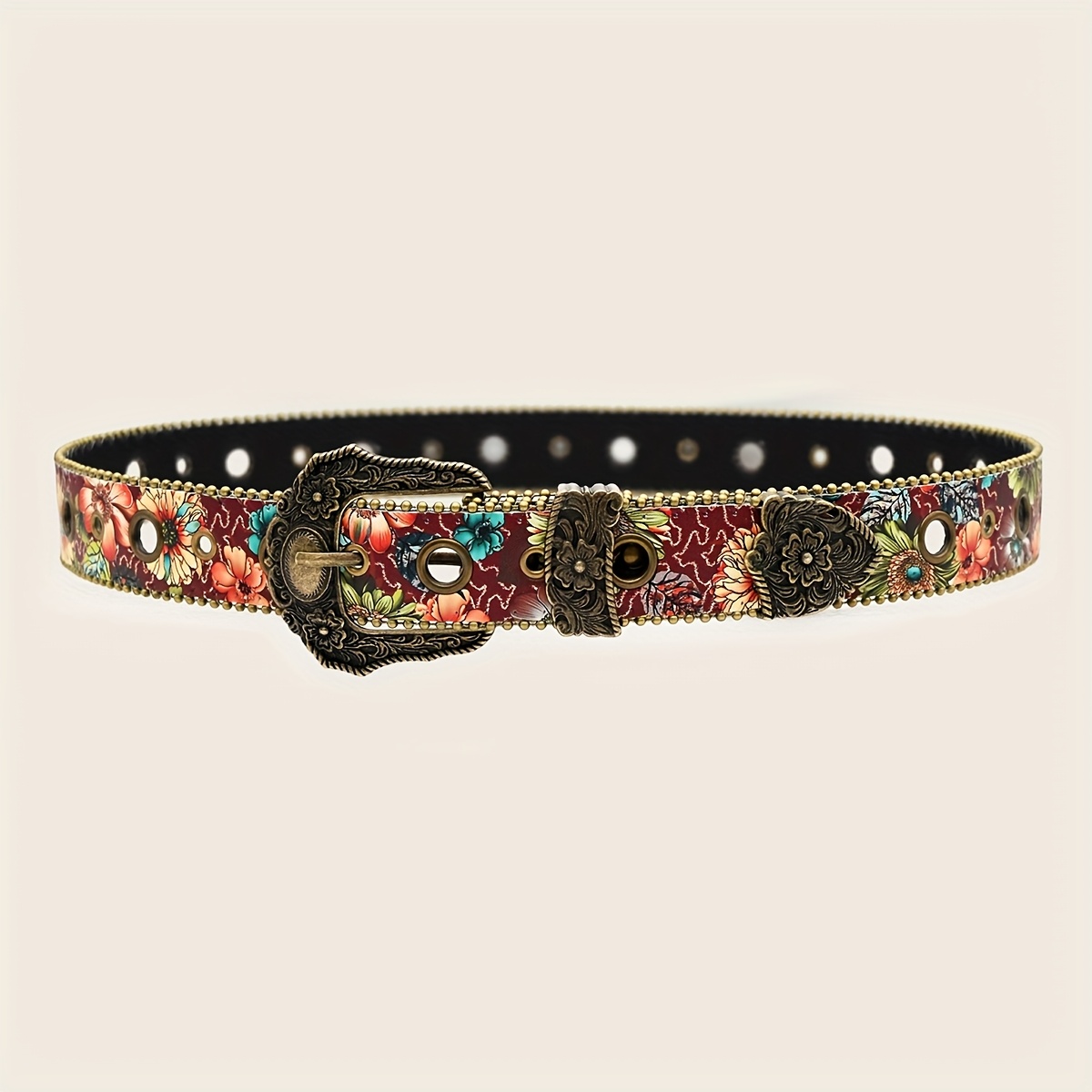 TEMU Damski pasek w stylu western z kwiatowym nadrukiem vintage, boho retro brązowa klamra, ozdobny pasek do jeansów i sukienek dla kowbojek