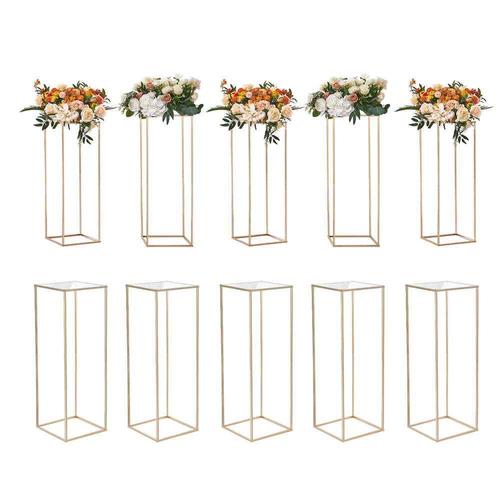 10 szt. 80 cm, metalowych, prostokątnych, złotych stojaków na kwiaty ślubne z laminatem akrylowym