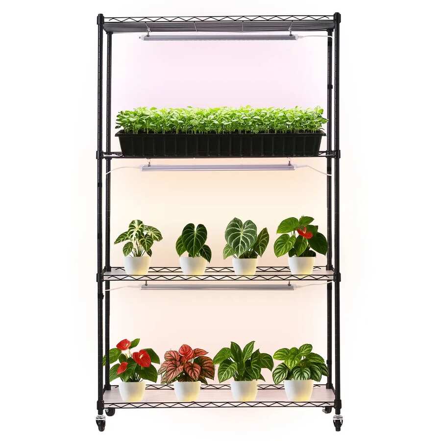 Półka na rośliny z 4-poziomowym stojakiem i lampą do uprawy 90 W, 150 cm, metalowa