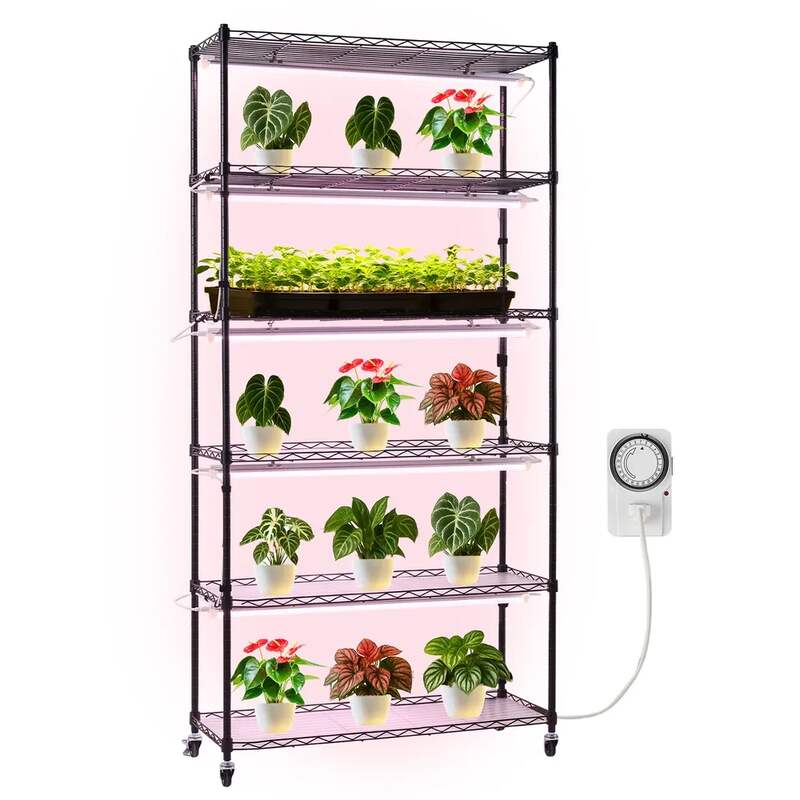 Półka metalowa na rośliny 6-poziomowa z lampą o pełnym spektrum 150 W, 180 cm, z kółkami i timerem