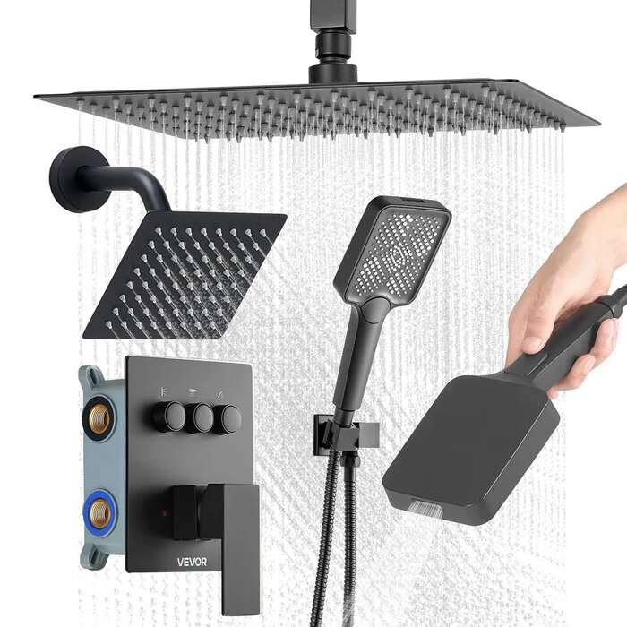 Zestaw baterii prysznicowej sufitowej, matowy czarny, system deszczowy 305 mm