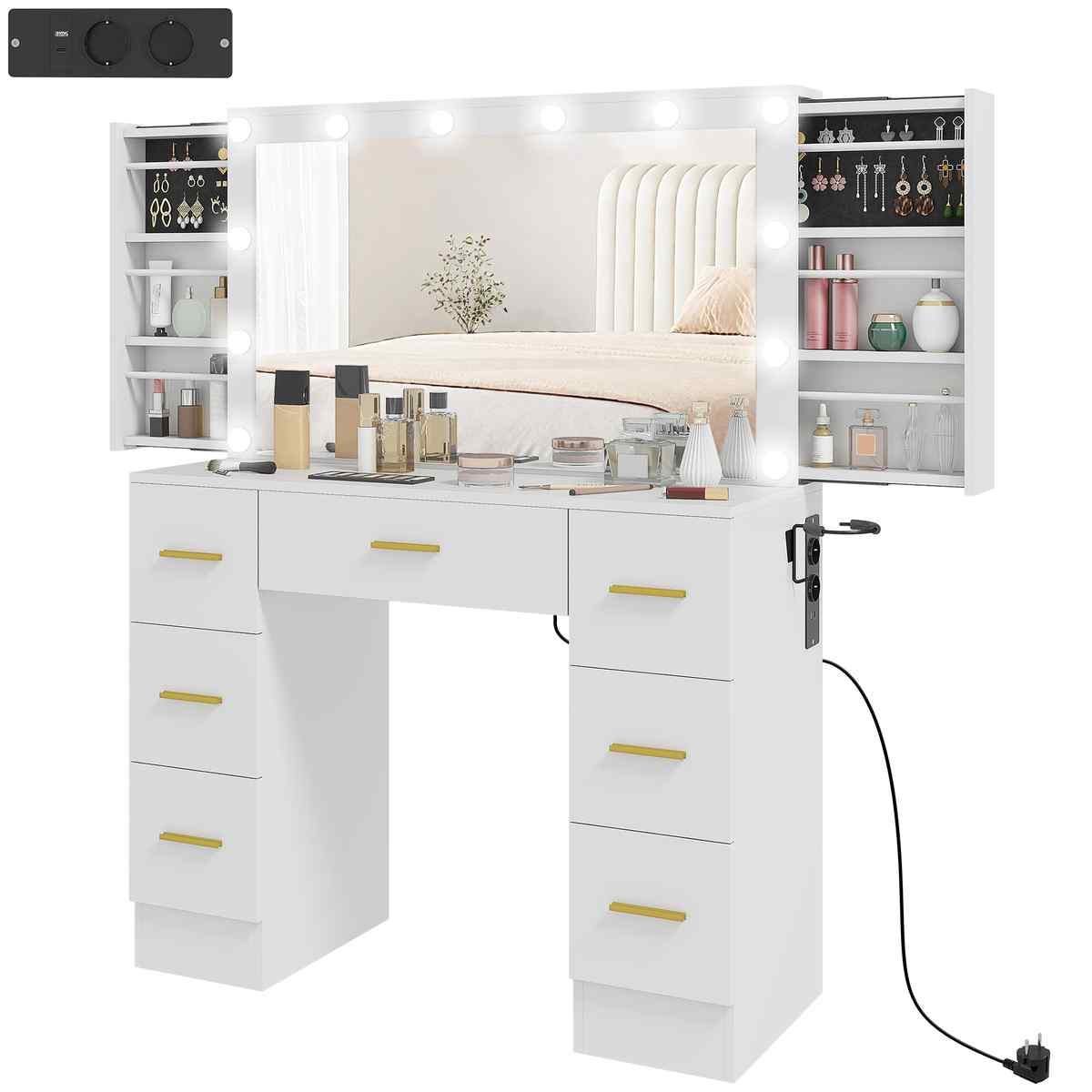Toaletka z lustrem i 12 diodami LED, biała, 7 szuflad, 6 ukrytych przegródek