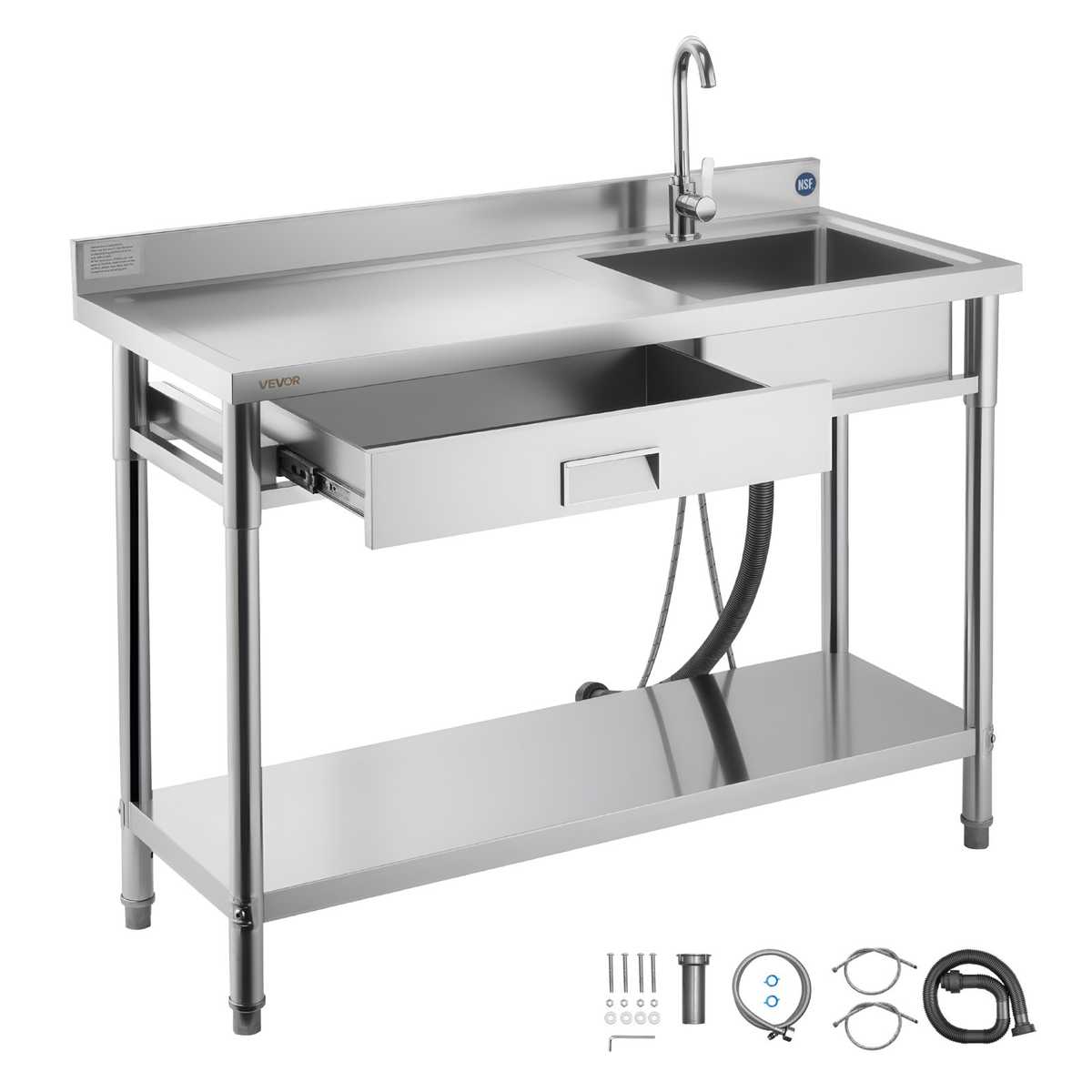 VEVOR Zlew kuchenny komercyjny SS1200-5, lewy, 1 komora, szuflada, 120 × 50 × 94 cm
