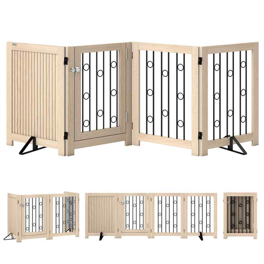 Bramka dla psa, 4 panele z drzwiami, dąb/czarny, 205 × 30,5 × 70 cm