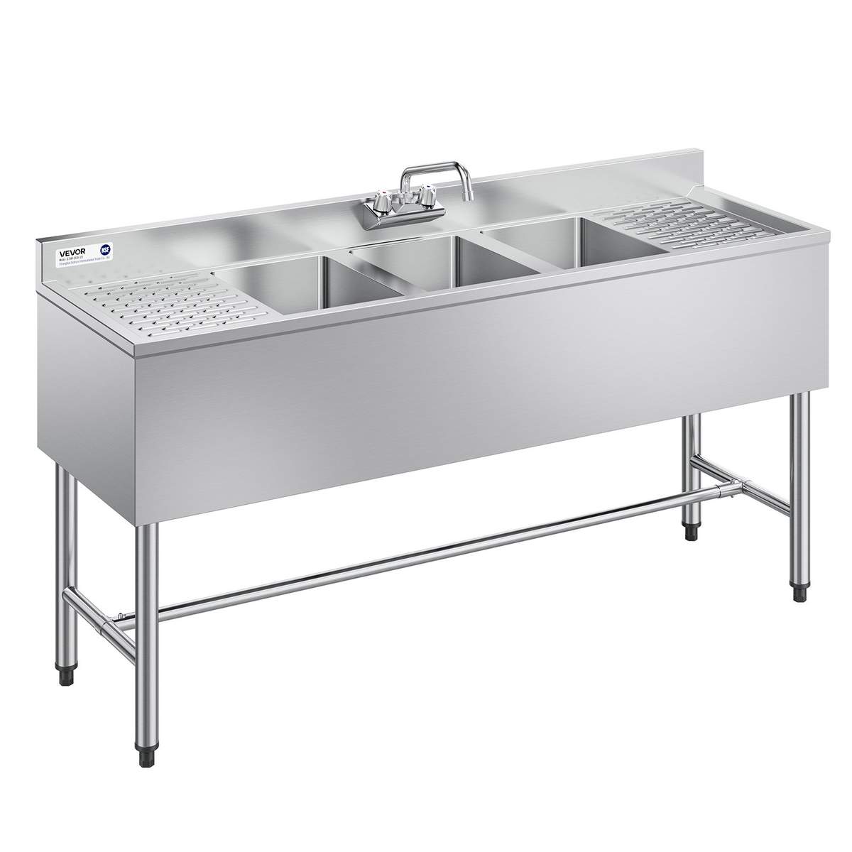 VEVOR Zlew trzykomorowy JC-BAR-3B60-LR-320, 2 ociekacze, 1524 × 470 × 838 mm