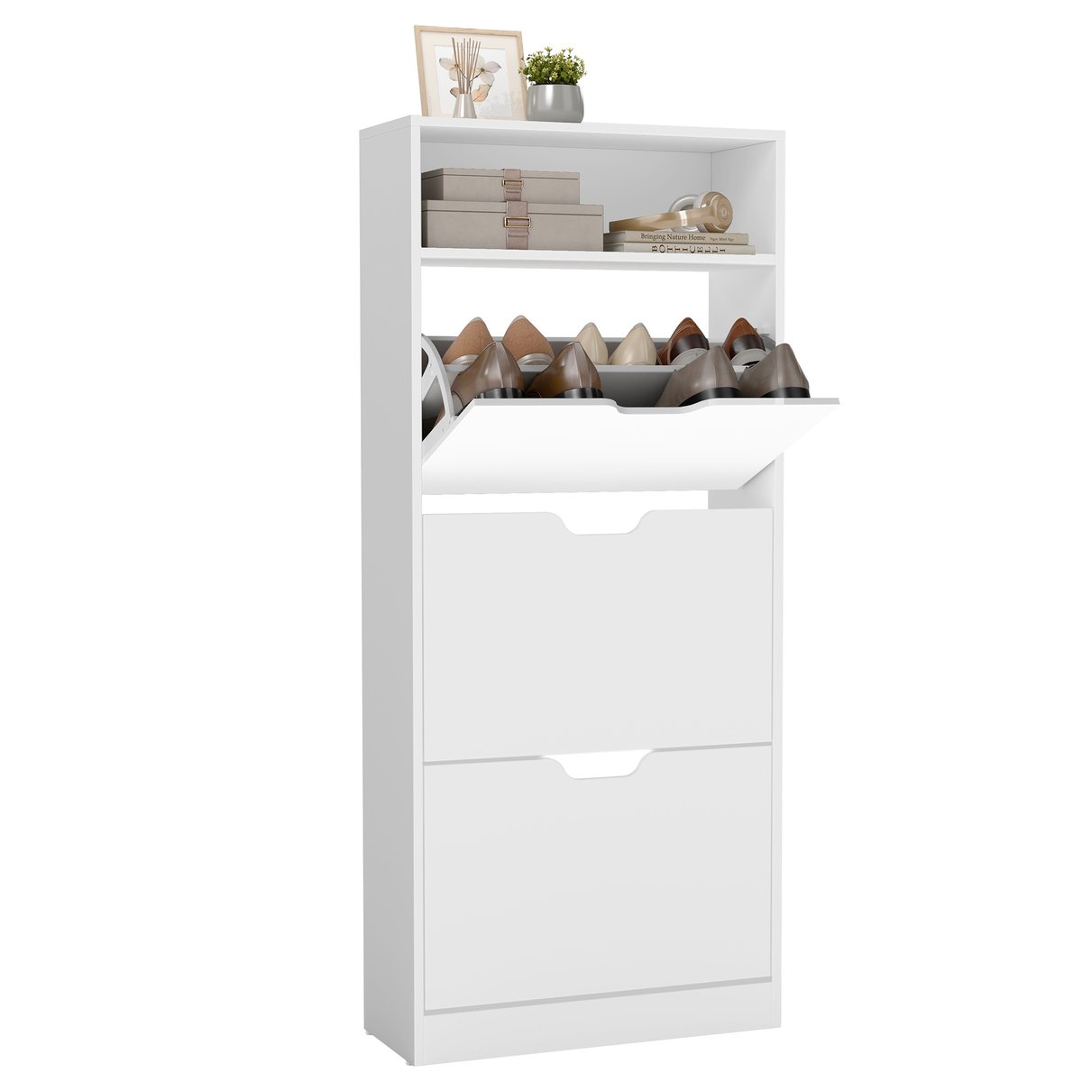 Szafka na buty VASAGLE, 3 drzwi, otwarta przegroda, 14-18 par, biała, 60 × 139 × 24 cm