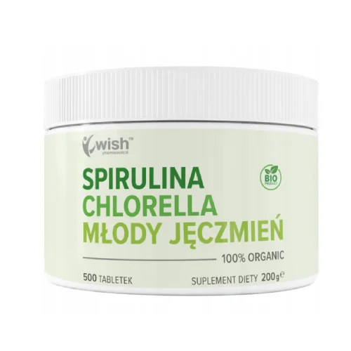 Wish Pharmaceutical Chlorella + Spirulina + Młody Jęczmień Organic 100%, 500 tabl.