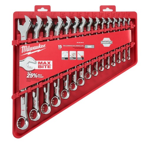 Milwaukee 15 pc Maxbite Ratchet Imperial Combination Spanner Set - 1 pc - Klucze płasko-oczkowe calowe z grzechotką zestaw 15 szt. 4932464996