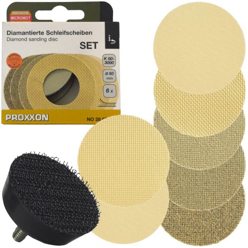 PROXXON PR28679 - Zestaw 7 diamentowych tarcz ściernych i polerskich, średnica 50 mm, ziarnistość 60 - 3000, zestaw zawiera podkładkę piankową