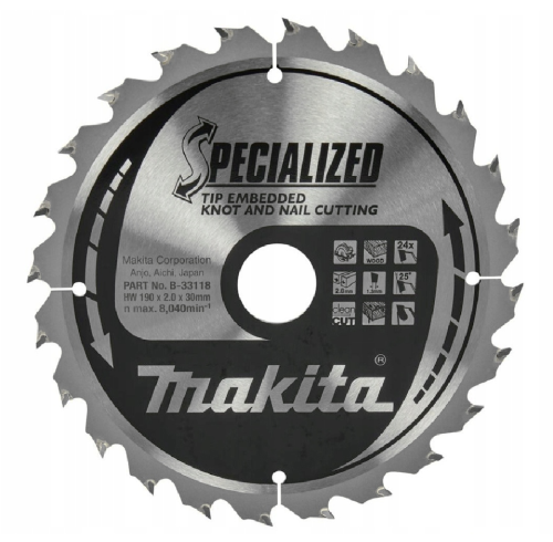 Makita B-33118 - PIŁA TARCZOWA 190x30x24z specjalized drewno (z gwoździami i sękami)