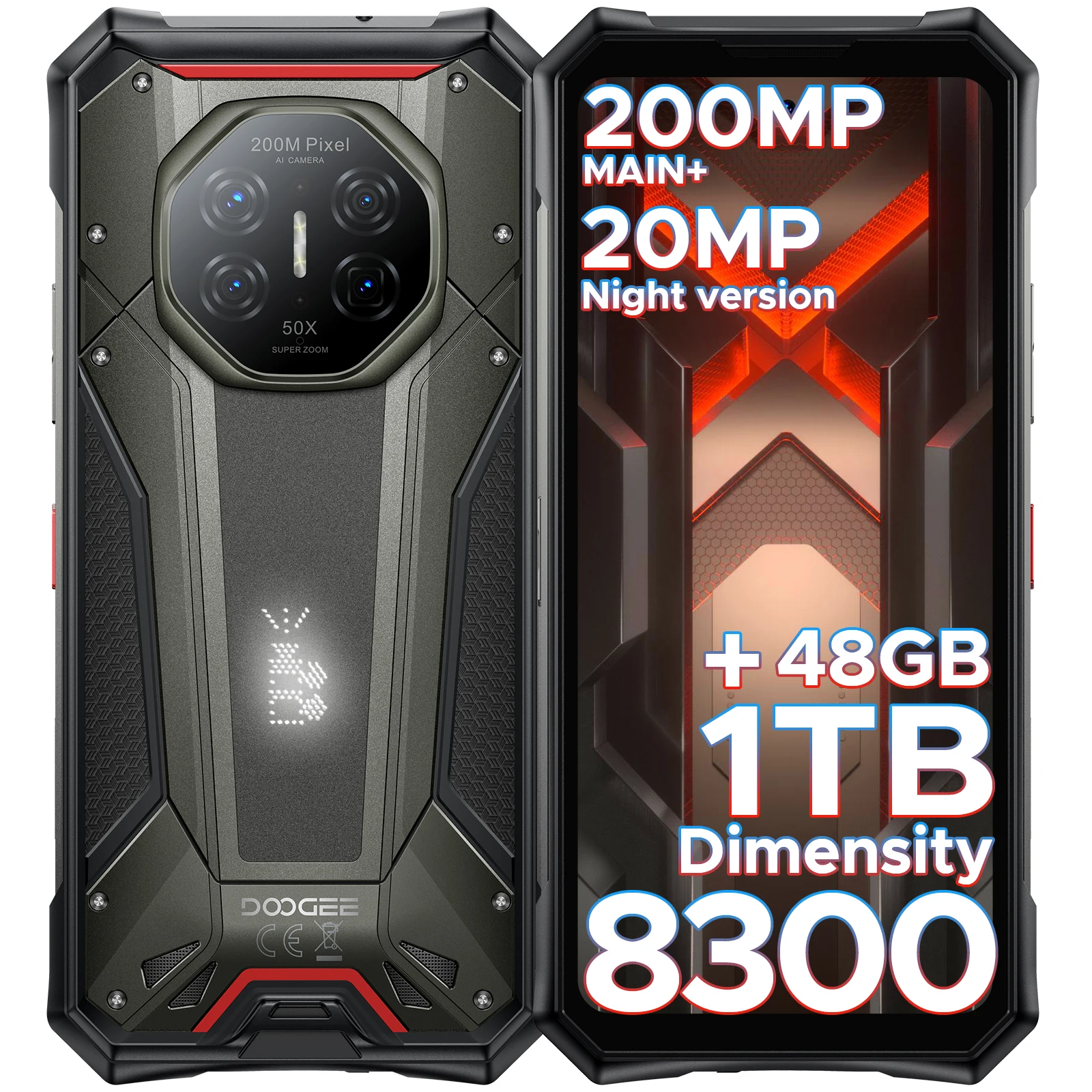 DOOGEE S300 Plus 5G Wytrzymały telefon komórkowy Dimensity 8300 48GB RAM (12GB+36GB) 1TB ROM 6.78'' Wyświetlacz 11000mAh AI Quad Camera Android 16 12GB 1TB Black