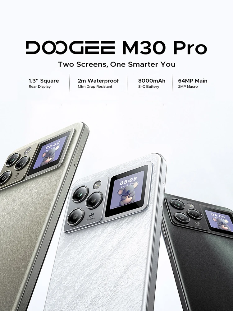 Smartfon Doogee M30 Pro, wyświetlacz 6,88 cala, bateria 8000 mAh, wyświetlacz tylny 1,3 cala, 64 GB (8 GB RAM + 56 GB pamięci wewnętrznej), 256 GB, aparat 64 MP, system Android 16, telefon komórkowy. 8Gb 256Gb White