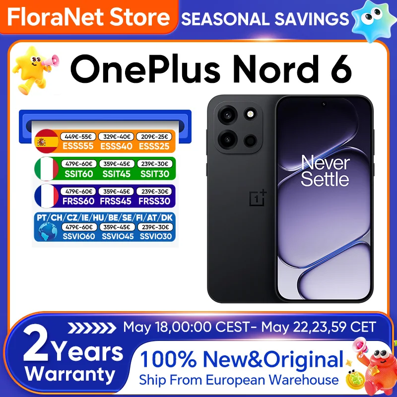Smartfon OnePlus Nord 6 5G w wersji EU, Snapdragon 8s Gen 4, 165Hz 165FPS, wyświetlacz AMOLED 6,78”, bateria 7500mAh, ładowanie 80W SUPERVOOC, aparat główny 50MP SONY z OIS dwuosiowym. 8+256GB Pitch Black