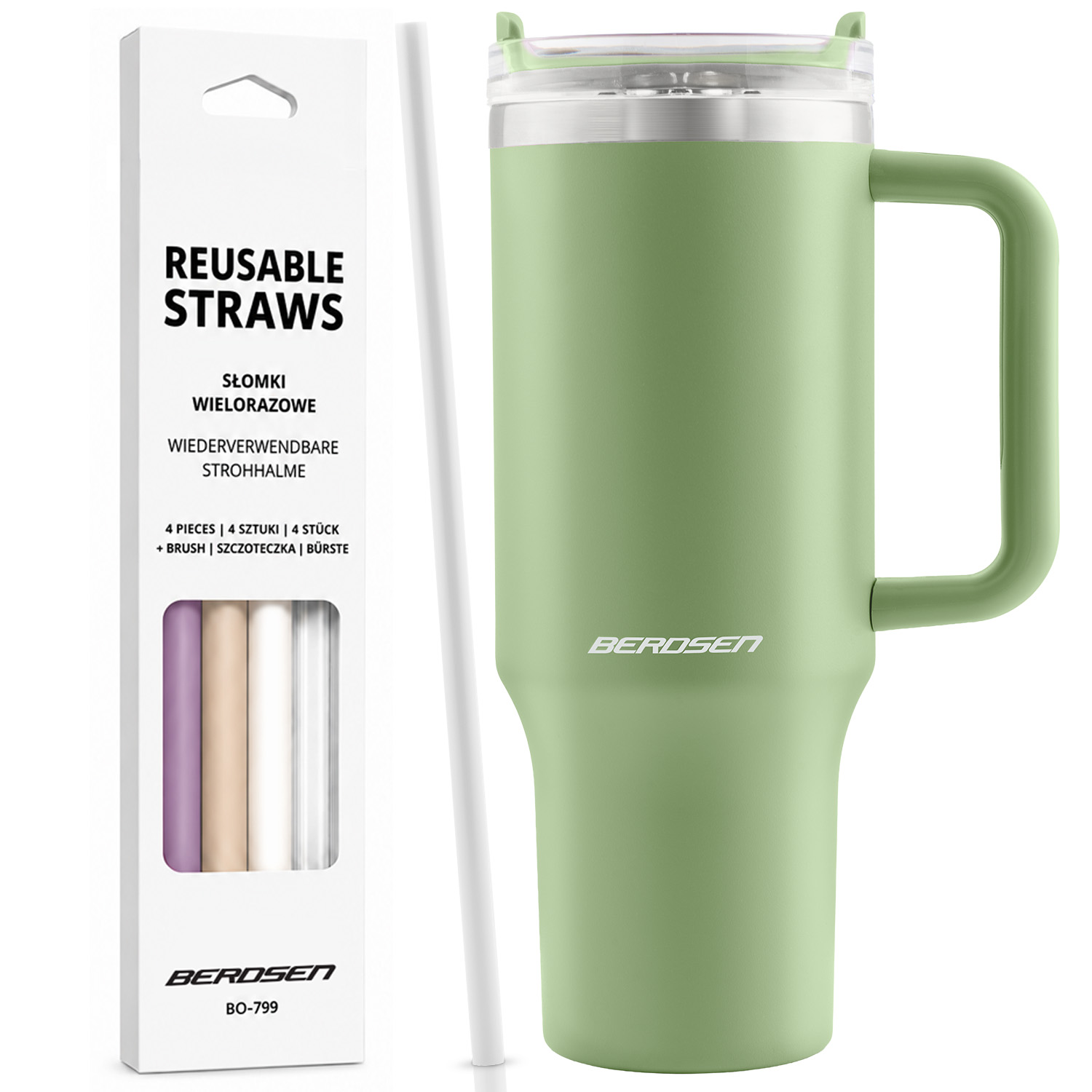 Berdsen Termos próżniowy kubek z zestawem słomek 1180 ml zielony