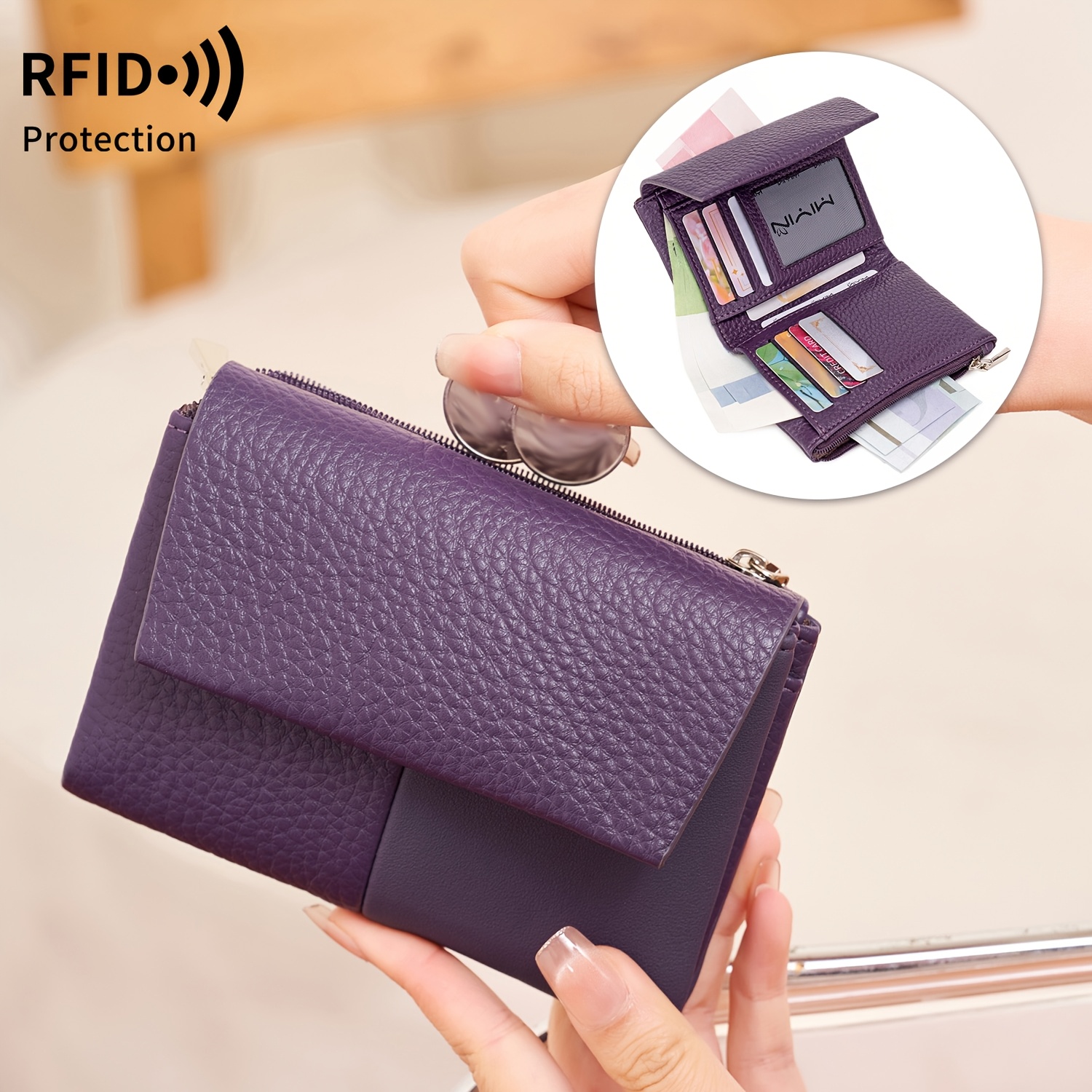 TEMU Damski Retro Portfel Krótki z Blokadą RFID, Prosty Portfel Trójskładany w Wzór Liczi, z Zapięciem Magnetycznym, Kompaktowy Portfel na