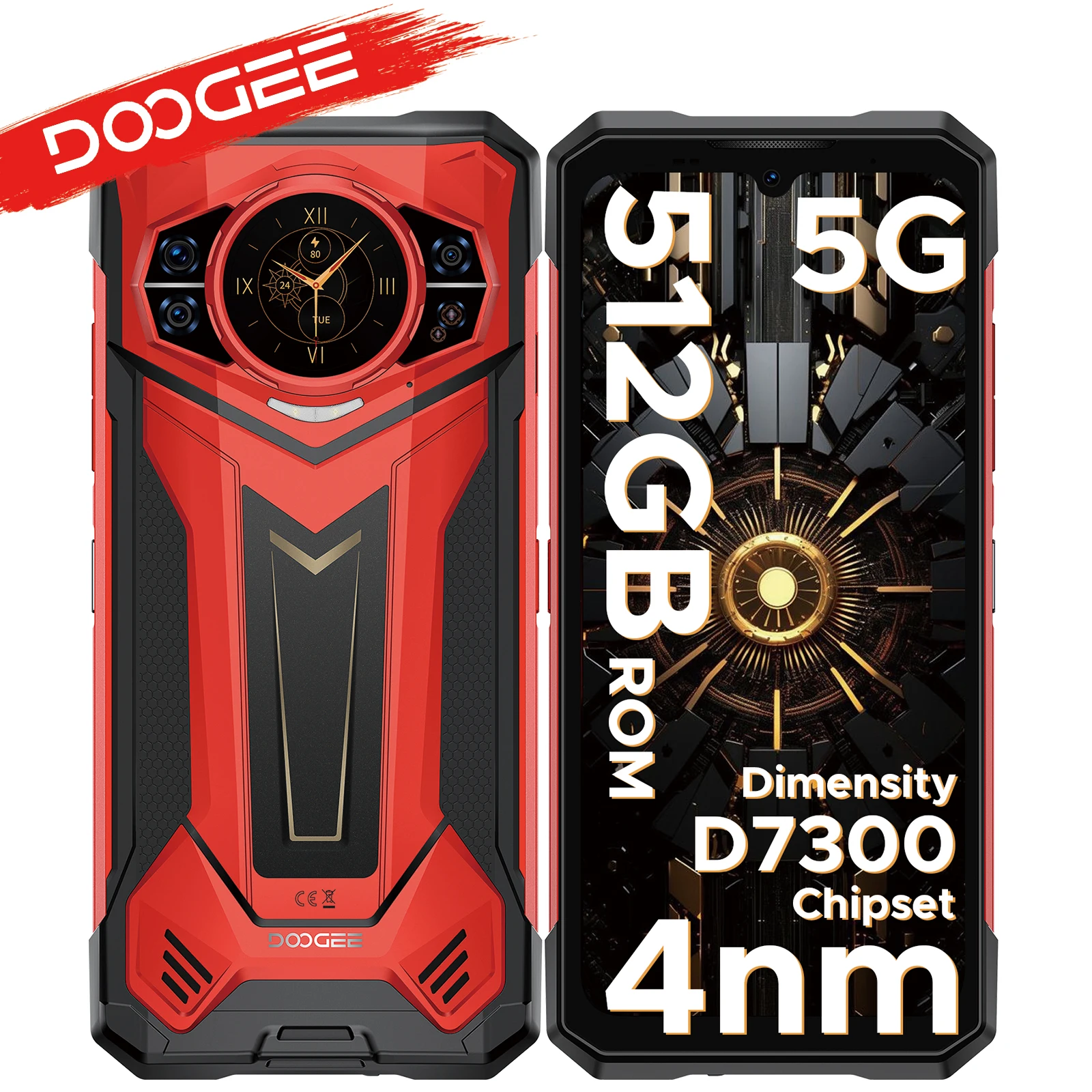 Doogee S200 Plus 5G, wytrzymały telefon z funkcją AI, 32 GB (12 GB RAM + 20 GB pamięci wewnętrznej), 512 GB, procesor Dimensity 7300, telefon do gier, 1,32-calowy wyświetlacz tylny + główny ekran. 12Gb 512Gb Gold