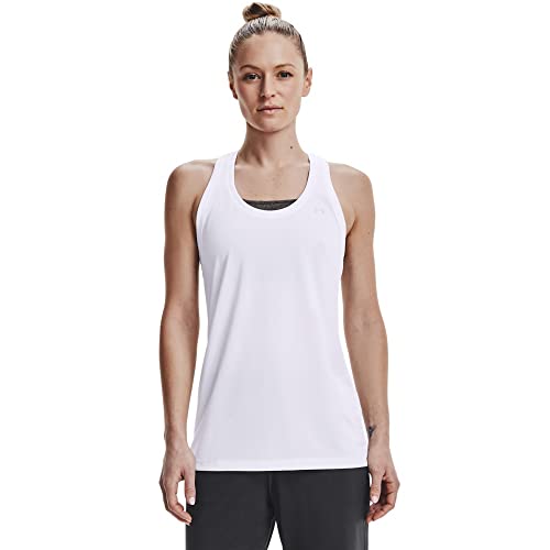 Under Armour damska koszulka techniczny – solidny podkoszulek do uprawiania sportu, luźny krój kamizelka na siłownię (White/Metallic Silver (100)) XL
