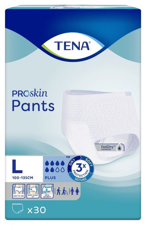 SCA HYGIENE PRODUCTS AB TENA Pants Plus L majtki chłonne 30 sztuk + Gratis chusteczki oczyszczające 10 sztuk 9051820