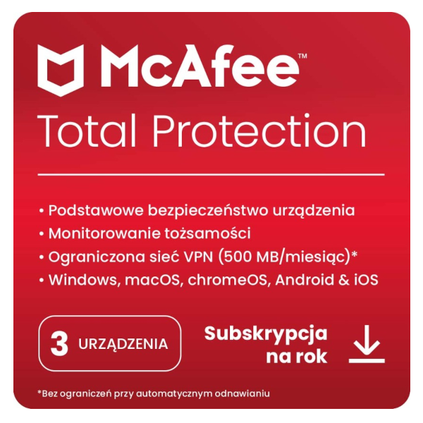 McAfee Total Protection 2026 (3 stanowiska, 12 miesięcy)