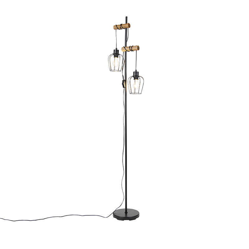 QAZQA Wiejska lampa podłogowa czarna z drewnem 2-punktowa - Stronk