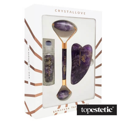 Crystallove Crystallove Amethyst Beauty Set ZESTAW Masażer do twarzy 1 szt. + Płytka do masażu twarzy gua sha 1 szt + Buteleczka z kryształkami ametystu na olejek 10 ml