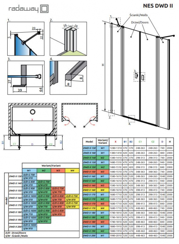 Radaway Nes DWD II Drzwi prysznicowe wnękowe 130x200 cm profile chrom szkło przezroczyste EasyClean 10037073-01-01/10041057-01-01