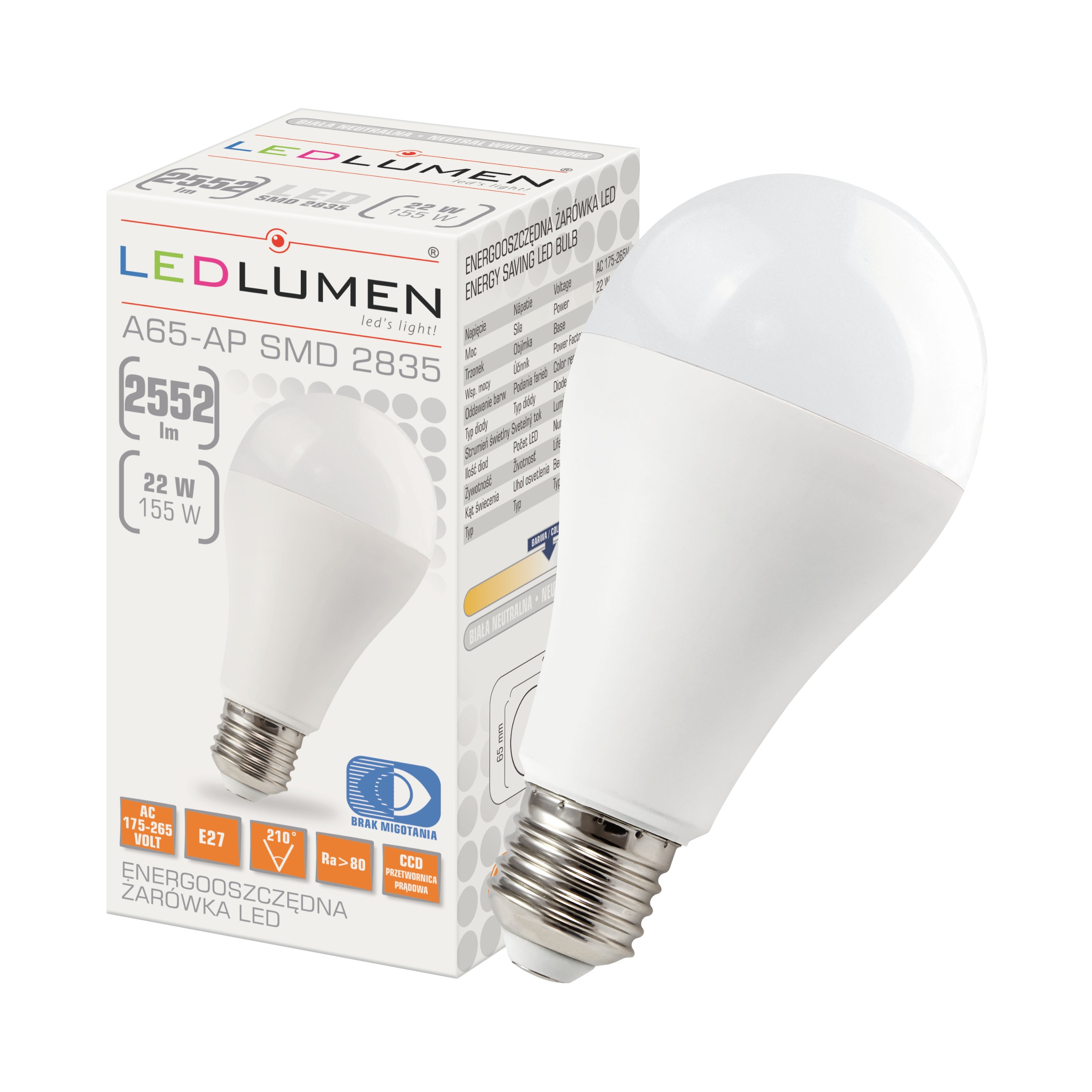 Żarówka LED A65-AP E27 22W 2552lm 42x2835 LED CCD biała neutralna